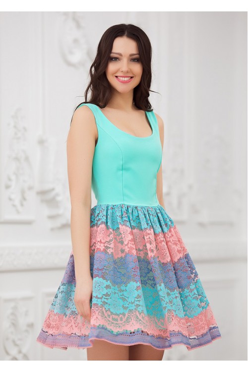 Короткое ментоловое платье с пышной кружевной юбкой Scialle